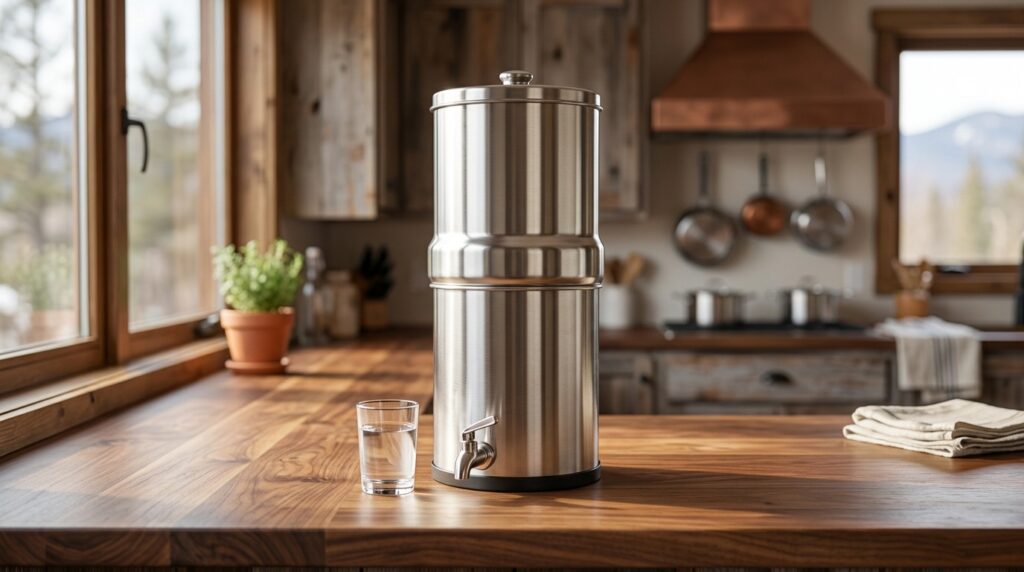Stainless steel gravity fed water filter on a wood countertop in an off-grid cabin kitchen