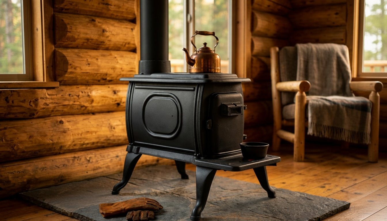 Best Cast Iron Wood Stove for Off-Grid Cabin in 2026: What I Learned After Two Hard PNW Winters Cast iron wood stove with copper kettle in a log cabin - off-grid heating setup
